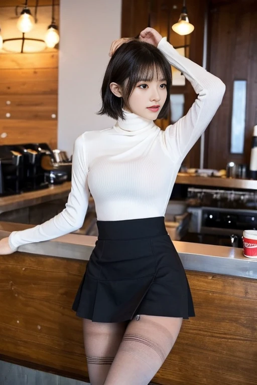 芝生の上に座ってDrinking coffee女性がいます, At the coffee shop, sitting in a cafe, sitting in a cafe alone, Drinking coffee, Drink coffee, Mysterious Coffee Shop Girl, (((in white turtleneck shirt,Short skirt、Tight Skirt))), At the coffee shopコーヒーを楽しむ, Japanese Girls, 8k)), Sitting alone in a café, Drink bubble tea、(black tights、thin tights,20 denier tights:1.2)、(Clothing that accentuates the contours of the body,Mid-chest:1.4)、Short Hair、big breasts、(Beautiful legs、Sexy Legs、Long legs)