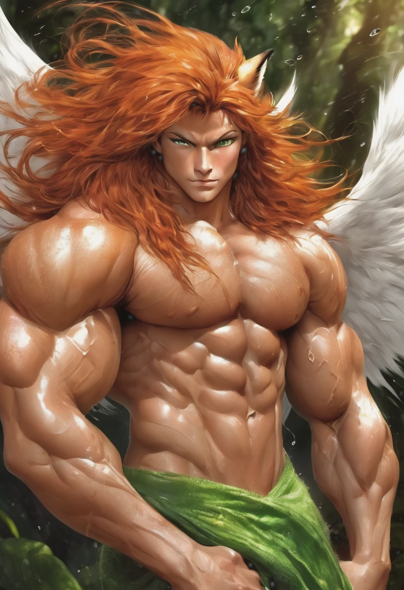 (masterpiece, Best quality:1.2), fox boy, body covered with hair, Fluffy style,sexual,horny,very muscular wild ,full height,sinewy massive muscles, very long red hair,freckles on the body and face,green eyes,certain muscles,wet body from sweat, Very tanned skin,sharp focus, young , friendly,Angel wings, stands high