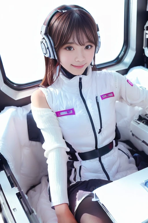 ((NSFW: 1.4)), ((Detailed face, Professional photography)), ((NSFW, zettai ryouiki, 1 girl)), Ultra-high resolution, (Realistic: 1.4), RAW Photos, highest quality, (PhotoRealistic Stick), concentrated, Soft Light, ((30 years old)), ((Japanese)), (( (Young Face))), (surface), (Depth of written boundary), masterpiece, (Realistic),(inside ISS):3, woman, ,astrovest:2,headphone:2,smartwatch,,bangs, ((1 girl)),(black sleeves):2,(black tights):2,inside spacestation,inside spacecraft,,zero gravity,smile,open leg,blush:1.5,hidden hands,neotech