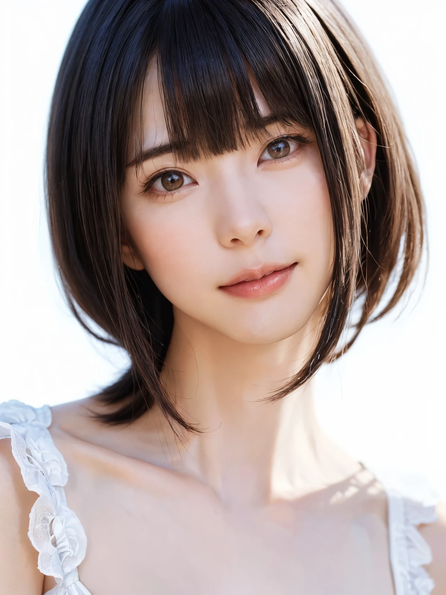 1 girl, alone, Shiny skin, chest, very detaileded, ultra detaileded, Ultra-high resolution, whole body, (Photorealism:1.4), (highest quality), (Best Shadow), Ulzzang-6500, detailed, Perfect lighting, Black Hair, ((Showpiece, highest quality, High precision)), One Girl, (big chest, Realistic: 1.4), (look up at the camera even a little, カメラをlook up, look up, look up at the camera, Looking into the camera))), alone, , White Background, snow-White Background, shut up., smile, pretty Black Hair, short hair:1.6, Big eyes, Transparent double eyelids, eyelash, listen, Long neck, Long neck, Absolute area, ((Face close-up, short hair with bangs)), 19 years old, Attractive proportions, Shiny skin, Beautiful clavicle, Golden ratio face, Perfect Face, Teardrop-shaped mole, chestのほくろ, bangs, clean bangs, beautiful bangs, Lip gloss, Thin lips, White skin, I took off my clothes, big chest, Small face, Small face, 少し上を向いてLooking into the camera, ((smile a little for the camera, really nothing pure White Background, Listen carefully、very big big chest, big chest))