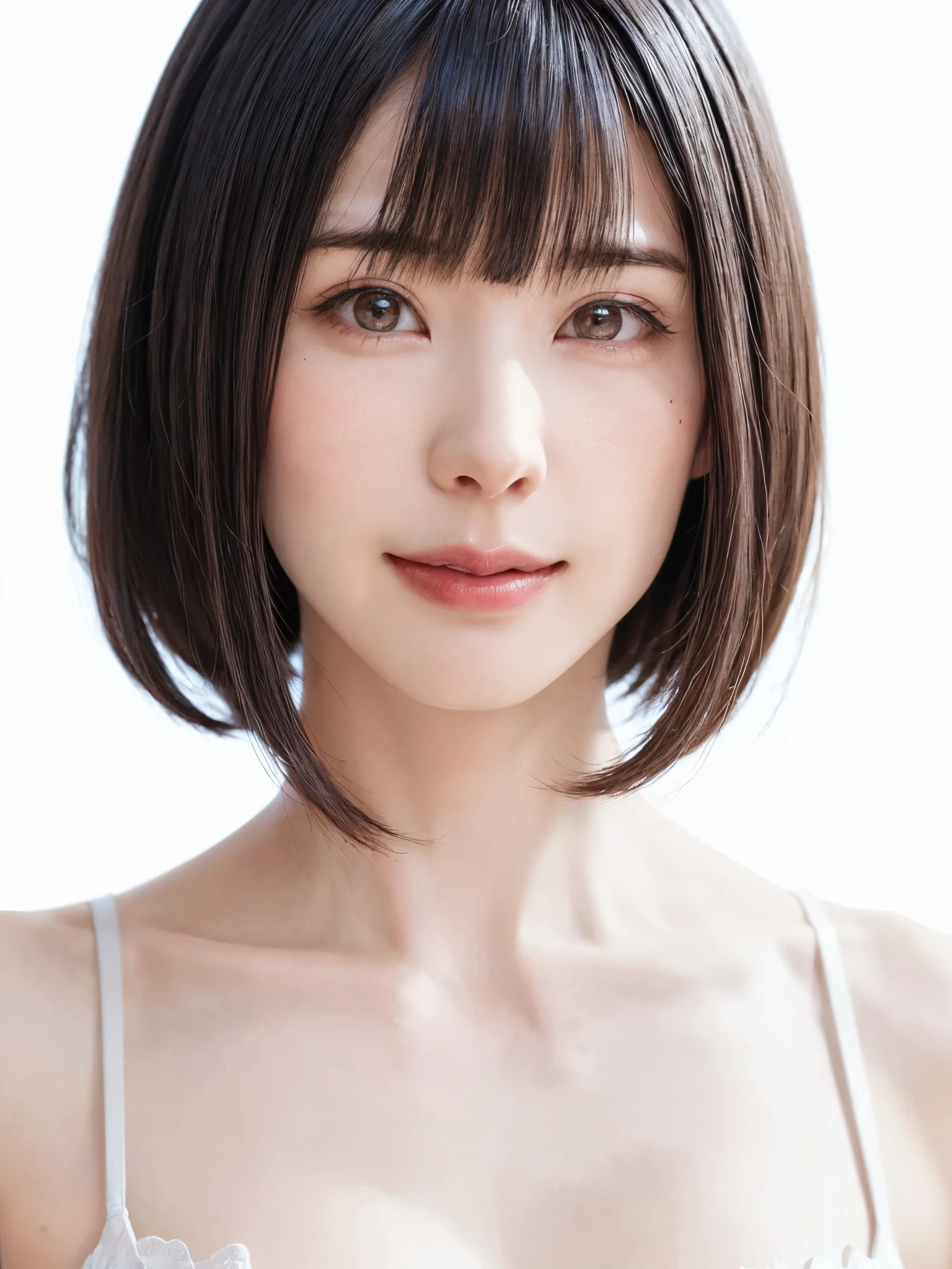 1 girl, alone, Shiny skin, chest, very detaileded, ultra detaileded, Ultra-high resolution, whole body, (Photorealism:1.4), (highest quality), (Best Shadow), Ulzzang-6500, detailed, Perfect lighting, Black Hair, ((Showpiece, highest quality, High precision)), One Girl, (big chest, Realistic: 1.4), (look up at the camera even a little, カメラをlook up, look up, look up at the camera, Looking into the camera))), alone, , White Background, snow-White Background, shut up., smile, pretty Black Hair, short hair:1.6, Big eyes, Transparent double eyelids, eyelash, listen, Long neck, Long neck, Absolute area, ((Face close-up, short hair with bangs)), 19 years old, Attractive proportions, Shiny skin, Beautiful clavicle, Golden ratio face, Perfect Face, Teardrop-shaped mole, chestのほくろ, bangs, clean bangs, beautiful bangs, Lip gloss, Thin lips, White skin, I took off my clothes, big chest, Small face, Small face, 少し上を向いてLooking into the camera, ((smile a little for the camera, really nothing pure White Background, Listen carefully、very big big chest, big chest))