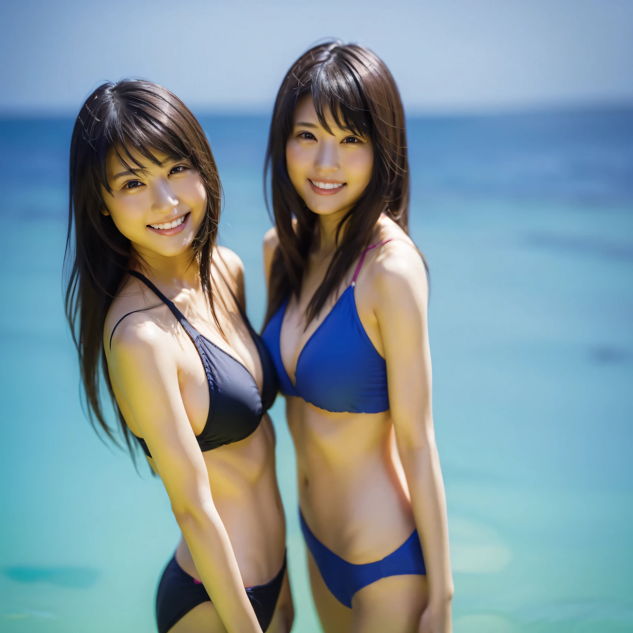 ((masterpiece)),((highest quality))),((High resolution)),((Genuine,)) two, Identical twin sisters, (((Indistinguishable, Beautiful girl who looks exactly like)) 20-year-old, bangs, smile, Swimwear