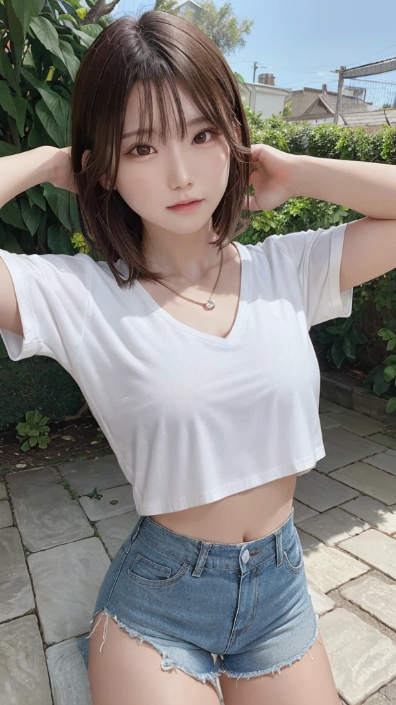 a pendant, Henry shirt with ripped shorts, stretching, in the garden, highly detailed face and skin, detailed eyes, double eyelids