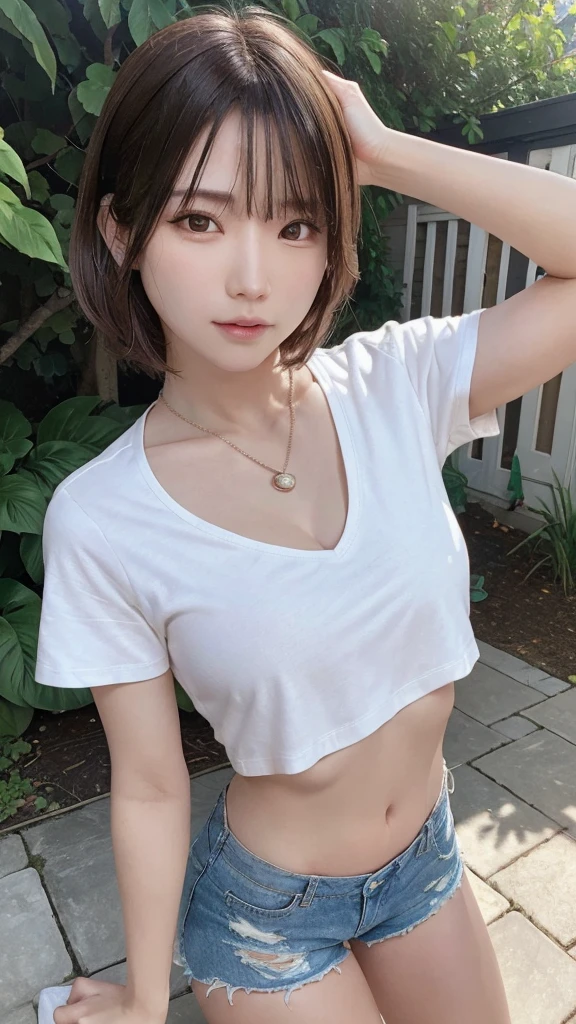 a pendant, Henry shirt with ripped shorts, stretching, in the garden, highly detailed face and skin, detailed eyes, double eyelids