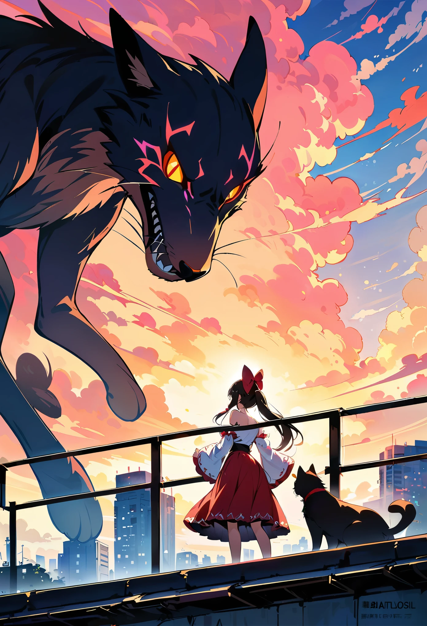 (Masterpiece, best quality, official art), A girl in a white dress stands on the roof of an apartment building, looking up at her giant cat friend that is as large as she and has red eyes, against a sunset sky with pink clouds,A cute girl and a huge dragon cat stand on the rooftop, shooting from the lowest point, kissing,1girl, solo, long hair, skirt, brown hair, bow, standing, ponytail, hair bow, detached sleeves, red bow, red skirt, animal, hair tubes, whiskers, oversized animal, hakurei reimu