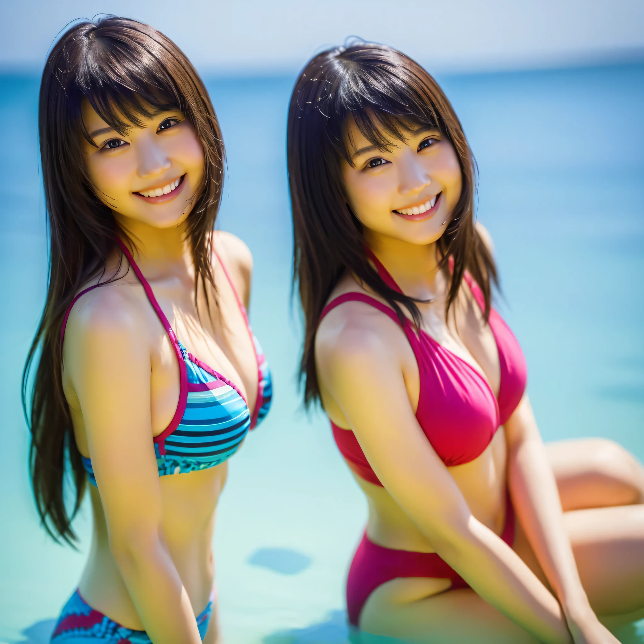 ((masterpiece)),((highest quality))),((High resolution)),((Genuine,)) two, Identical twin sisters, (((Indistinguishable, Beautiful girl who looks exactly like)) 20-year-old, bangs, smile, Swimwear