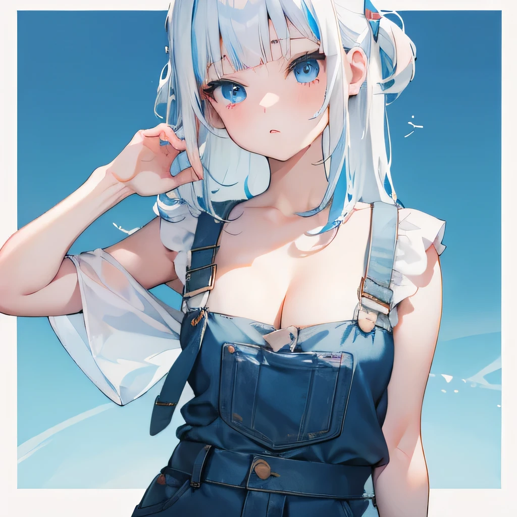 Girl, light blue and white hair, pale, lips, white soaked shirt, straight hair, bangs, light blue eyes, confident, sharp teeth, cleavage, feminine, shark accessories, overall, white background, cute