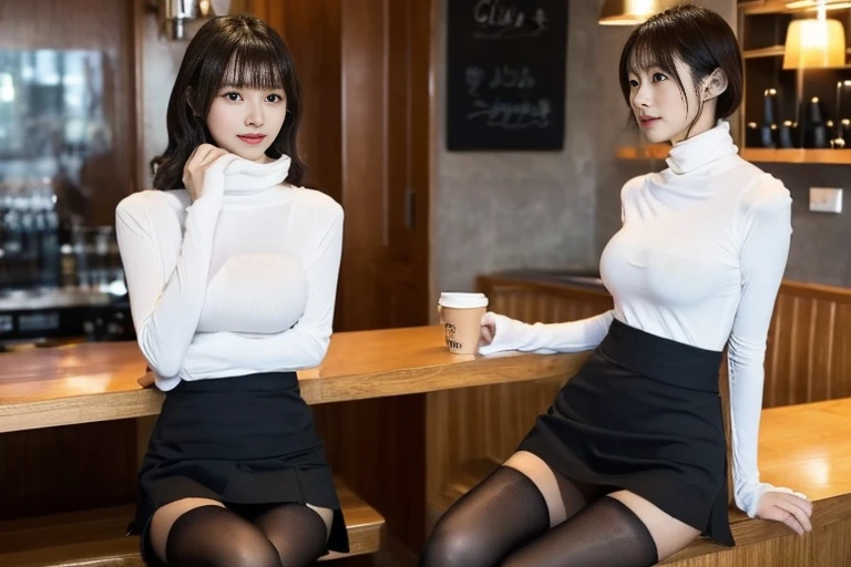 芝生の上に座ってDrinking coffee女性がいます, At the coffee shop, sitting in a cafe, sitting in a cafe alone, Drinking coffee, Drink coffee, Mysterious Coffee Shop Girl, (((in white turtleneck shirt,Short skirt、Tight Skirt))), At the coffee shopコーヒーを楽しむ, Japanese Girls, 8k)), Sitting alone in a café, Drink bubble tea、(black tights、thin fabric tights,20 denier tights:1.2)、(Clothing that accentuates the contours of the body,Mid-chest:1.4)、Short Hair、big breasts、(Beautiful legs、Sexy Legs、Long legs)