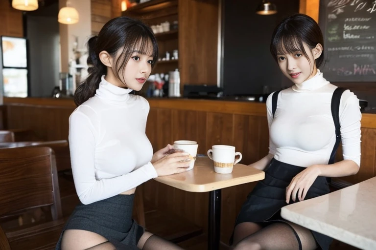 芝生の上に座ってDrinking coffee女性がいます, At the coffee shop, sitting in a cafe, sitting in a cafe alone, Drinking coffee, Drink coffee, Mysterious Coffee Shop Girl, (((in white turtleneck shirt,Short skirt、Tight Skirt))), At the coffee shopコーヒーを楽しむ, Japanese Girls, 8k)), Sitting alone in a café, Drink bubble tea、(black tights、thin fabric tights,20 denier tights:1.2)、(Clothing that accentuates the contours of the body,Mid-chest:1.4)、Short Hair、big breasts、(Beautiful legs、Sexy Legs、Long legs)