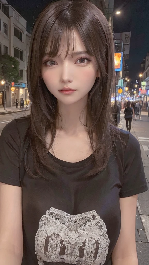 (Best quality, High resolution, Masterpiece :1.3), A pretty woman, Slender figure, Dark brown hair, T-shirt, (Street in city at night), Highly detailed face and skin texture, Detailed eyes, Double eyelid