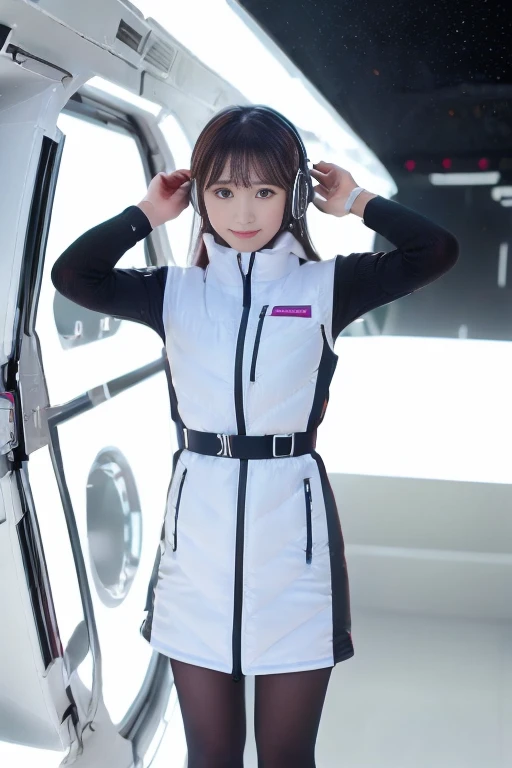 ((NSFW: 1.4)), ((Detailed face, Professional photography)), ((NSFW, zettai ryouiki, 1 girl)), Ultra-high resolution, (Realistic: 1.4), RAW Photos, highest quality, (PhotoRealistic Stick), concentrated, Soft Light, ((30 years old)), ((Japanese)), (( (Young Face))), (surface), (Depth of written boundary), masterpiece, (Realistic),(inside ISS):3, woman, ,astrovest:2,headphone:2,smartwatch,,bangs, ((1 girl)),(black sleeves):2,(black tights):2,inside spacestation,inside spacecraft,,zero gravity,smile,open leg,blush:1.5,hidden hands,neotech