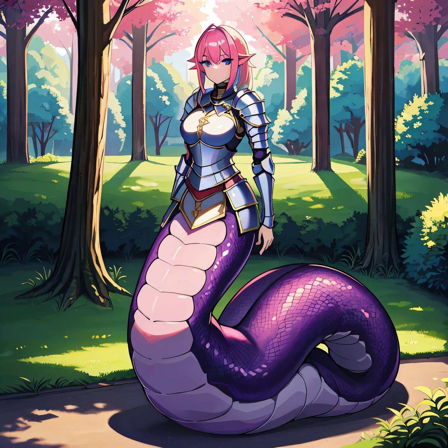 1girl, lamia, purple scales, tail, standing, best quality, masterpiece, wallpaper, 4k, 8k, 16k, highres, ((knight)), ((armor)), forest, volumetric lighting, streets, ((full body)), medium breasts, pink hair, blue eyes, outside, evening 