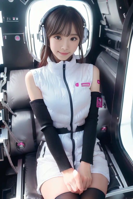 ((NSFW: 1.4)), ((Detailed face, Professional photography)), ((NSFW, zettai ryouiki, 1 girl)), Ultra-high resolution, (Realistic: 1.4), RAW Photos, highest quality, (PhotoRealistic Stick), concentrated, Soft Light, ((30 years old)), ((Japanese)), (( (Young Face))), (surface), (Depth of written boundary), masterpiece, (Realistic),(inside ISS):3, woman, ,astrovest:2,headphone:2,smartwatch,,bangs, ((1 girl)),(black sleeves):2,(black tights):2,inside spacestation,inside spacecraft,,zero gravity,smile,open leg,blush:1.5,hidden hands,neotech