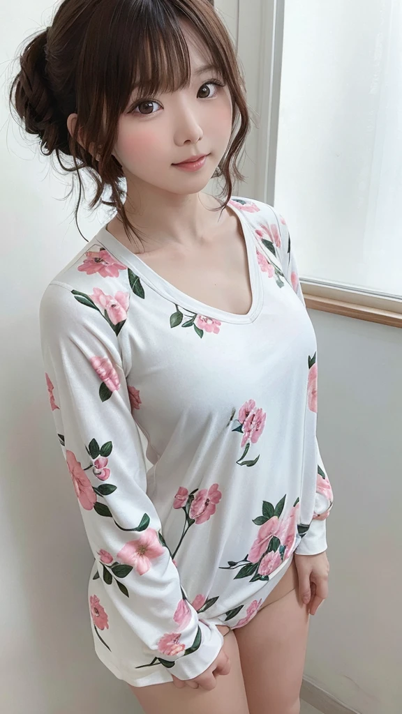 Best quality, 1 beautiful woman, wearing floral onepiece, 35mm lens, f/ 1. 8, looking at viewer, white background