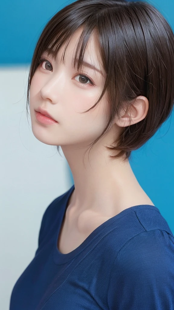 masterpiece, best quality, 1girl, profile face, stunning face, blue background, blurry, blown eyes, short hair, upper body