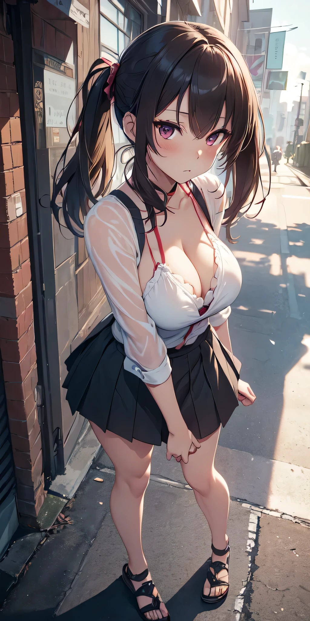 All intricate details: "(masterpiece, best quality, Nobara Kugisaki- anime: Jujutsu Kaisen, 1girl, perfect body, solo, blush, symmetrical face, twintails, long hair, hair between eyes, ((very short street wear very short clothes)), city, outdoors, night, extremely detailed, ropa muy delgada y transparente como el aire, very open legs, firm breasts, medium breasts, smooth, high resolution, ultra quality, extremely thin and light clothing transparent as air, open clothing, 15% dree, cinematic lighting, ambient occlusion, extremely detailed anime, Extremely wide diamond neckline, all clothes unbuttoned and open, detailed faces, perfect composition, wide shot, atmospheric lighting, very sexy, lift skirt, random low angle, respetuoso sin censura, image suitable for adults)