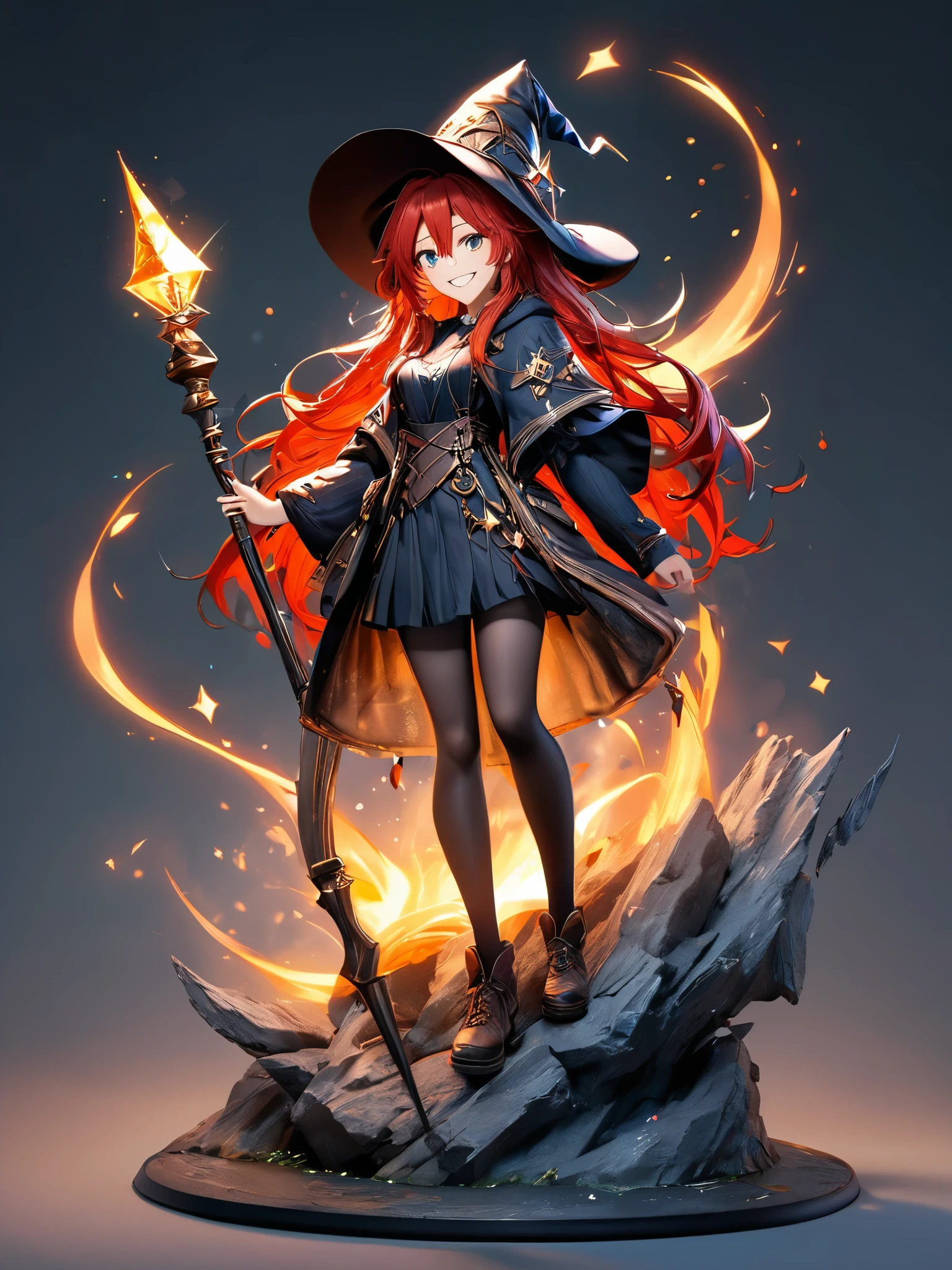 (best quality),(ultra detailed),(extremely detailed),(absolutely resolution) ,solo, absurdres,8k, 1girl,full body,  wizard, holding magician's staff, grin, ultra detailed eyes, long hair, messy hair, (red hair:1.2), 