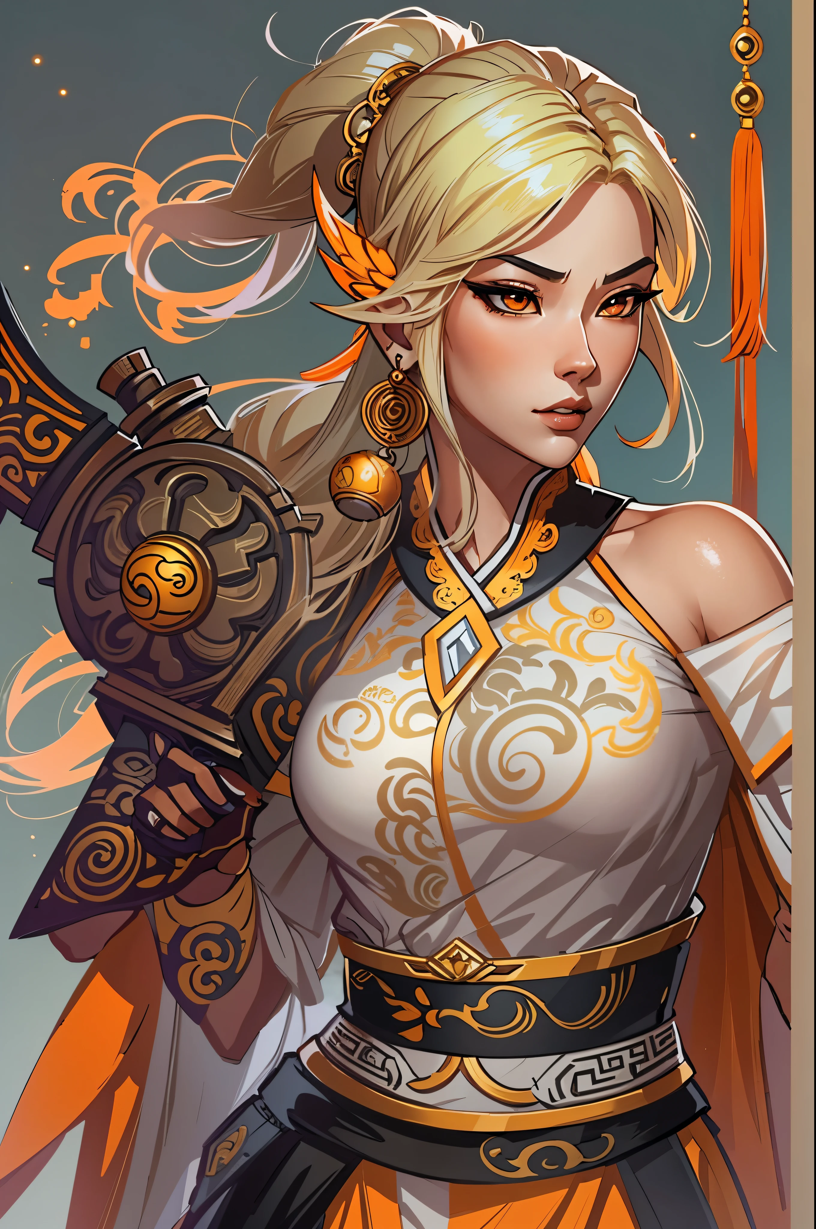 a close up of a strong amazon woman in her 30's, with orange eyes and blonde hair, wearing a black and orange ball gown dress, a heroine with orange eyes, martial artist holding polearm, standing in a chinese temple, new costume concept design, in the style of blade and soul, full body character concept, detailed character design, inspired by Yang Jin, inspired by Li Mei-Shu, chinese costume, inspired by Lan Ying, inspired by Sim Sa-Jeong, inspired by Li Tang, lunar themed attire, costume with orange accents, inspired by Ju Lian, colored concept art, highly detailed character design, highly detailed face, inspired by Ai Xuan, very highly detailed face, unreal engine render, final fantasy 14 style, inspired by Leng Mei