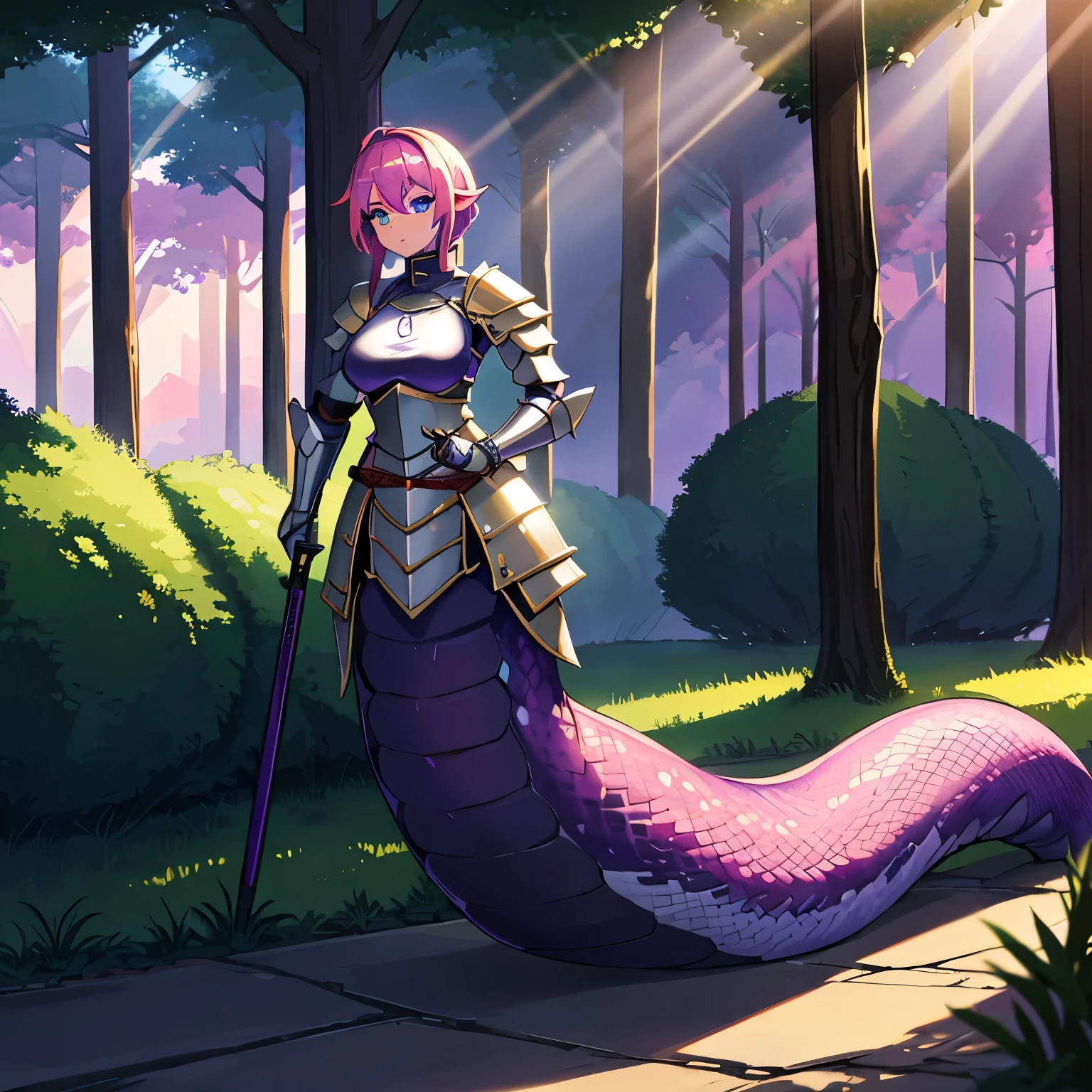 1girl, lamia, purple scales, tail, standing, best quality, masterpiece, wallpaper, 4k, 8k, 16k, highres, ((knight)), ((armor)), forest, volumetric lighting, streets, ((full body)), medium breasts, pink hair, blue eyes, outside, evening 