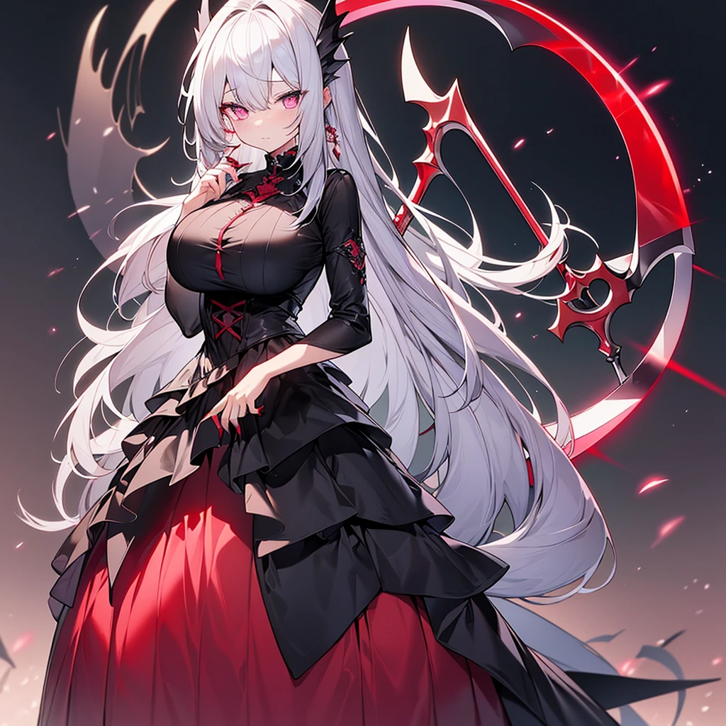 4K、Super detailed、Silver Hair、Slanted Eyes、Pink Eyes、fair skin、black gothic dress、princess、Has a big scythe、big breasts、Standing under the red moon、red nails、Full Body、high quality、High resolution