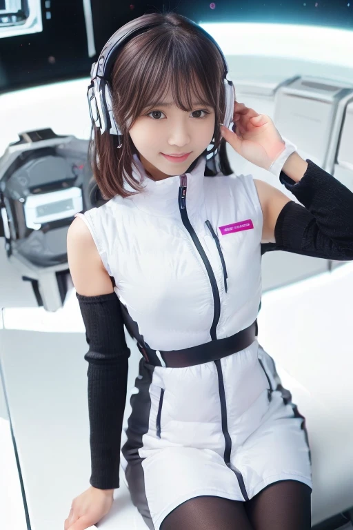 ((NSFW: 1.4)), ((Detailed face, Professional photography)), ((NSFW, zettai ryouiki, 1 girl)), Ultra-high resolution, (Realistic: 1.4), RAW Photos, highest quality, (PhotoRealistic Stick), concentrated, Soft Light, ((30 years old)), ((Japanese)), (( (Young Face))), (surface), (Depth of written boundary), masterpiece, (Realistic),(inside ISS):3, woman, ,astrovest:2,headphone:2,smartwatch,,bangs, ((1 girl)),(black sleeves):2,(black tights):2,inside spacestation,inside spacecraft,,zero gravity,smile,open leg,blush:1.5,hidden hands,neotech