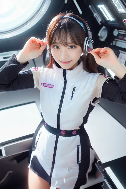 ((NSFW: 1.4)), ((Detailed face, Professional photography)), ((NSFW, zettai ryouiki, 1 girl)), Ultra-high resolution, (Realistic: 1.4), RAW Photos, highest quality, (PhotoRealistic Stick), concentrated, Soft Light, ((30 years old)), ((Japanese)), (( (Young Face))), (surface), (Depth of written boundary), masterpiece, (Realistic),(inside ISS):3, woman, ,astrovest:2,headphone:2,smartwatch,,bangs, ((1 girl)),(black sleeves):2,(black tights):2,inside spacestation,inside spacecraft,,zero gravity,smile,open leg,blush:1.5,hidden hands,neotech
