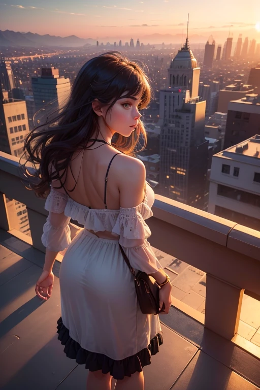 Person Standing on the Rooftop,illustration,picturesque rooftop scene,cityscape,fine architectural details,(best quality,4k,8k,highres,masterpiece:1.2),ultra-detailed,(realistic,photorealistic,photo-realistic:1.37),golden hour lighting,vivid colors,expansive skyline silhouette,gentle breeze,peaceful atmosphere,adventurous spirit,urban exploration,unique perspective,awe-inspiring view,serene sunset,overlooking the city,inspiring heights,contemplation,majestic panorama,high vantage point