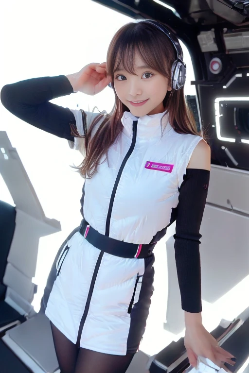 ((NSFW: 1.4)), ((Detailed face, Professional photography)), ((NSFW, zettai ryouiki, 1 girl)), Ultra-high resolution, (Realistic: 1.4), RAW Photos, highest quality, (PhotoRealistic Stick), concentrated, Soft Light, ((30 years old)), ((Japanese)), (( (Young Face))), (surface), (Depth of written boundary), masterpiece, (Realistic),(inside ISS):3, woman, ,astrovest:2,headphone:2,smartwatch,,bangs, ((1 girl)),(black sleeves):2,(black tights):2,inside spacestation,inside spacecraft,,zero gravity,smile,open leg,blush:1.5,hidden hands,neotech