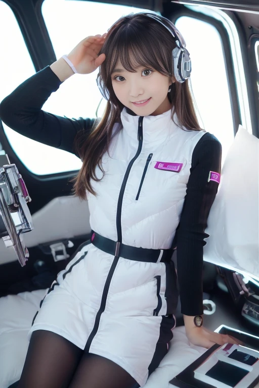 ((NSFW: 1.4)), ((Detailed face, Professional photography)), ((NSFW, zettai ryouiki, 1 girl)), Ultra-high resolution, (Realistic: 1.4), RAW Photos, highest quality, (PhotoRealistic Stick), concentrated, Soft Light, ((30 years old)), ((Japanese)), (( (Young Face))), (surface), (Depth of written boundary), masterpiece, (Realistic),(inside ISS):3, woman, ,astrovest:2,headphone:2,smartwatch,,bangs, ((1 girl)),(black sleeves):2,(black tights):2,inside spacestation,inside spacecraft,,zero gravity,smile,open leg,blush:1.5,hidden hands,neotech