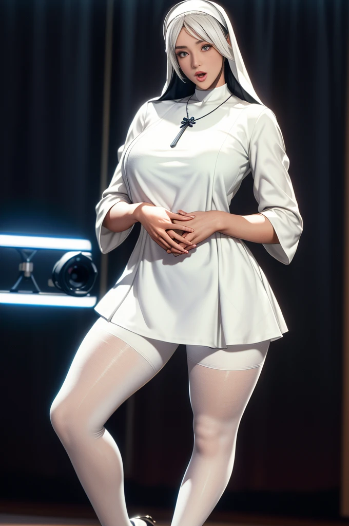 best quality, masterpiece, high resolution, ultra-Practical 8k CG, beautiful girl, White hair, blue eyes, open mouth, fluffy, Full figure, Nun headscarf, (Tunic, nun dress), Fleshy thighs, (whole body white pantyhose), High heel, whole body, Looking at the audience, symmetry, charming, complicated, Sexy, elegant, Clasp your hands together, Hair accessories, necklace, cleveage, Tyndall effect, Practical, Dark Studio, Side lighting, Two-color lighting, (High Detail Skin: 1.2), 8K Ultra HD, DSLR camera, Soft Light, high quality, Volumetric Light, Sneak Peek, photo, high resolution, 4K, 8k, Bokeh,