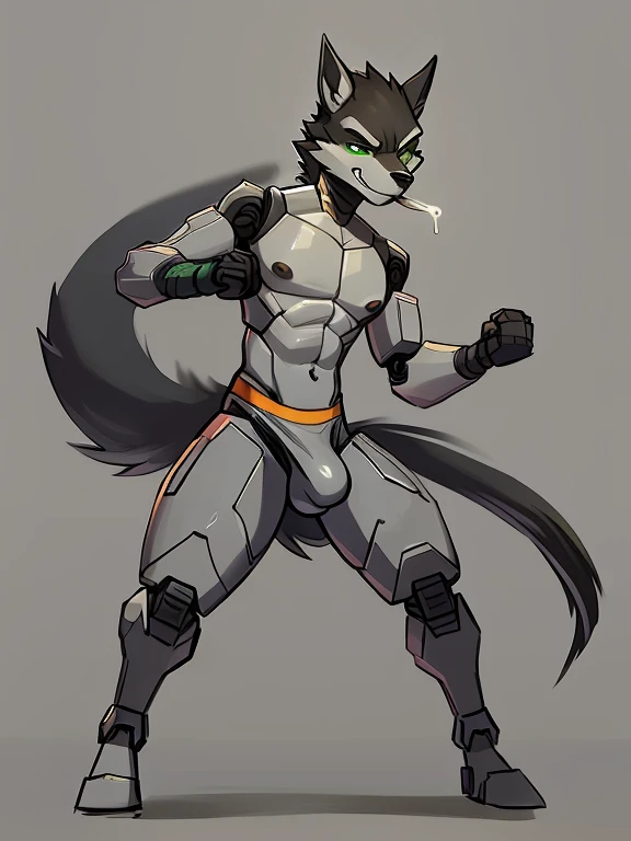 Male, robot Gray wolf, detailed green eyes, long tail, big nipples, slim, sly, simple background, smirk, bulge, tail wrapping around body,((Fighting Stance)),((a robot wolf lick a bulge))