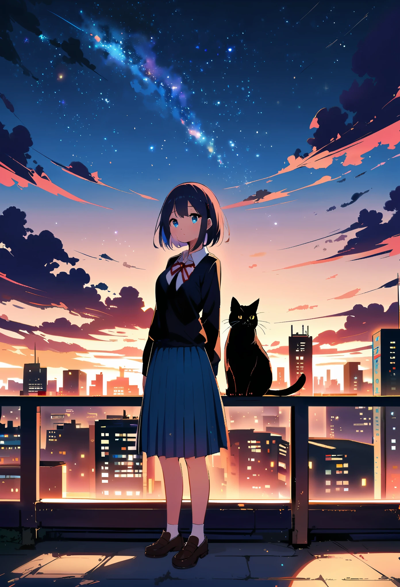 1girl, short hair, blue eyes, skirt, shirt, holding, school uniform, standing, outdoors, sky, cloud, blue skirt, night, animal, cat, building, star \(sky\), scenery, starry sky, city, cityscape, whiskers, rooftop, oversized animal