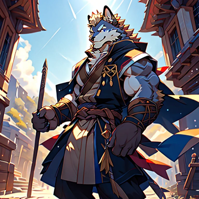 ((highest quality,8K，Uncertain resolution，16k, masterpiece: 1.3))male性はdogの顔をしている， dog， Light brown fur， ， Dropped ears， Confident expression，Blue colored eyes， earthy， Light Blonde， Full Body Lesbian， Wearing a vest， Skin details， 頭にdogのマスクをかぶったmale性， Light beige hair， caramel， Dropped ears， Closed Representation， Deviation trend， fur art， Hairy breasts， Fur fur， Furry Characters， Hairy body，Furry neck，Muscle tissue,New Jersey 5 Hairy Wolf Oak, (yellow毛皮:1.5), cannon, male,red面,smile,Mercenary clothing(red:1.5),Cape(yellow:1.5)，8k Ultra HD, HDR，Unique Design，One and only，A magnificent composition，One Scene，Anime Style，Studio Lighting，Ultra Wide Angle，Original elements，Full body description，Dynamic Angles，Symbolism，Dynamic Lighting，Professional Color Grading，Creative，Extreme detail，Glow effect
