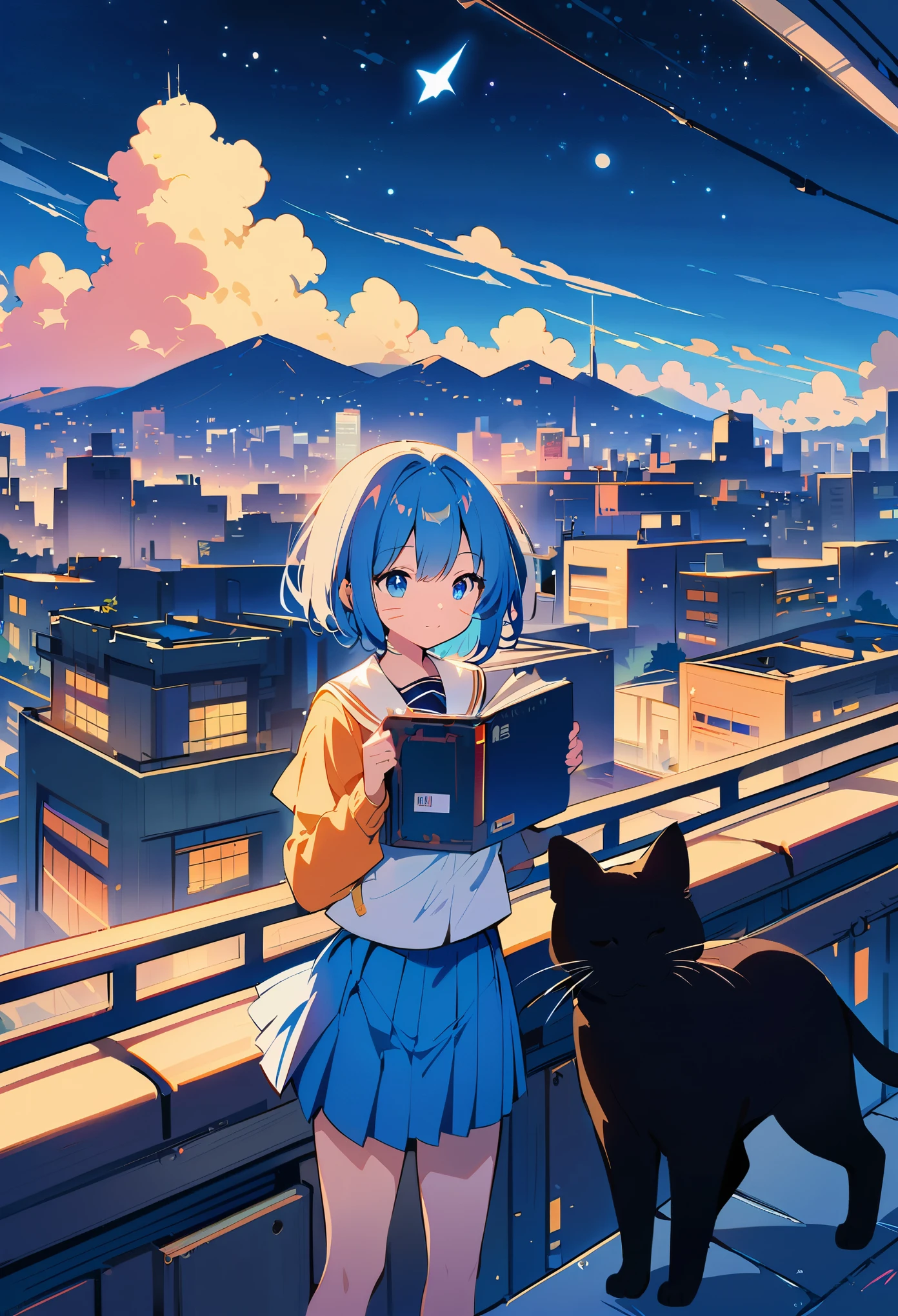 1girl, short hair, blue eyes, skirt, shirt, holding, school uniform, standing, outdoors, sky, cloud, blue skirt, night, animal, cat, building, star \(sky\), scenery, starry sky, city, cityscape, whiskers, rooftop, oversized animal