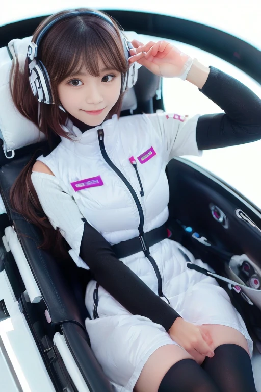 ((NSFW: 1.4)), ((Detailed face, Professional photography)), ((NSFW, zettai ryouiki, 1 girl)), Ultra-high resolution, (Realistic: 1.4), RAW Photos, highest quality, (PhotoRealistic Stick), concentrated, Soft Light, ((30 years old)), ((Japanese)), (( (Young Face))), (surface), (Depth of written boundary), masterpiece, (Realistic),(inside ISS):3, woman, ,astrovest:2,headphone:2,smartwatch,,bangs, ((1 girl)),(black sleeves):2,(black tights):2,inside spacestation,inside spacecraft,,zero gravity,smile,open leg,blush:1.5,hidden hands,neotech