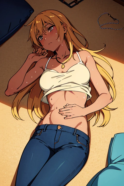 tan skinned anime woman wearing a cami top and jeans, famished in hunger, (necklace), (gently resting hands on stomach), (sweating), (lying down), (long hair), (hands on stomach)