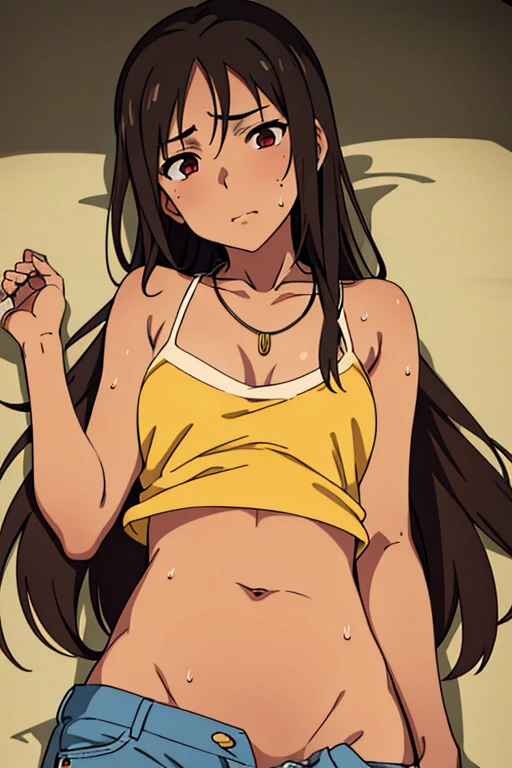tan skinned anime woman wearing a cami top and jeans, famished in hunger, (necklace), (gently resting hands on stomach), (sweating), (lying down), (long hair), (hands on stomach)