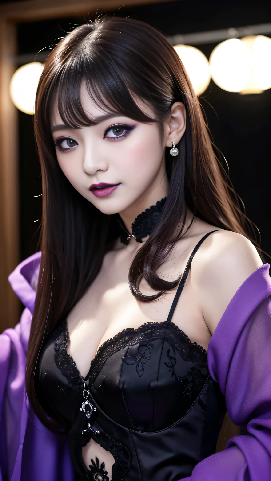 2girls、best quality、ultra-detailed、4k、Japanese、Seductive beauty、seductive adult woman、Pretty Woman、cool girl、Villainess、Brainwashed、brainwash、Fallen into evil、smirk、Evil look、Wicked Smile、evil、Brown hair、wavy hair、swept bangs、dark makeup、dark makeup、piercing eyes、hollow eyes,half-closed eyes、Hollow Eyes、Purple Eyeshadow、black lipstick、black lipgloole around the mouth、Long Black Cheongsam、Wide sleeves、night、Eerie Citadel、makeup brush、Are standing、Sticky liquid、lotion