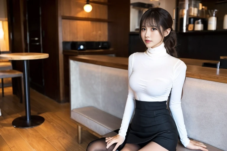 芝生の上に座ってDrinking coffee1人の女性がいます, At the coffee shop, sitting in a cafe, sitting in a cafe alone, Drinking coffee, Drink coffee, Mysterious Coffee Shop Girl, (((in white turtleneck shirt,Short skirt、Tight Skirt))), At the coffee shopコーヒーを楽しむ, Japanese Girls, 8k)), Sitting alone in a café, Drink bubble tea、(black tights、thin fabric tights,20 denier tights:1.2)、(Clothing that accentuates the contours of the body,Mid-chest:1.4)、French braid、big breasts、(Beautiful legs、Sexy Legs、Long legs)