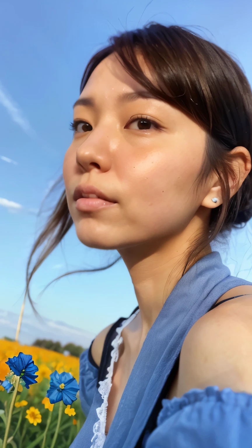 ((highest quality)), ((8K)), ((masterpiece:1.3)), (perfect look), (photorealism:1.6), (Japanese woman standing in the middle of a flower field: 1.6), (outdoors), (bright blue sky), (Nemophila flower garden: 1.6), ((hideko_face)), japanese woman, 47 years old, married woman, Wedding ring on the left ring finger, ((Realistic skin texture)), (Fine wrinkles throughout the skin: 1.3), (Dull skin: 1.1), (Skin without moisture: 1.2) , (Wrinkles on the face: 0.9), (Wrinkles on the corners of the eyes: 1.2), Double eyelids, tear bags on the lower eyelids, (Crying moles: 0.9), The eyes are looking here, serious gaze, (Dimples: 1.2), facial wrinkles:1.2, wrinkles around the eyes:0.8, tear bags around the eyes, double eyelid, The line of sight is looking at this, long hair, (hair in ponytail), (hair falls over ears), nervous look, (open front nightgown), (silk fabric nightgown:1.2), (small breasts:1.2), soft fabric blouse, wide sleeves, Cuffs that fit your wrist, (The hem of the blouse is tucked into the skirt: 1.2), flare skirt, The shape of the nipple that stands out, small breasts, hard and erect nipples, ((whole body)), (super low angle:1.5), focus on upper body,