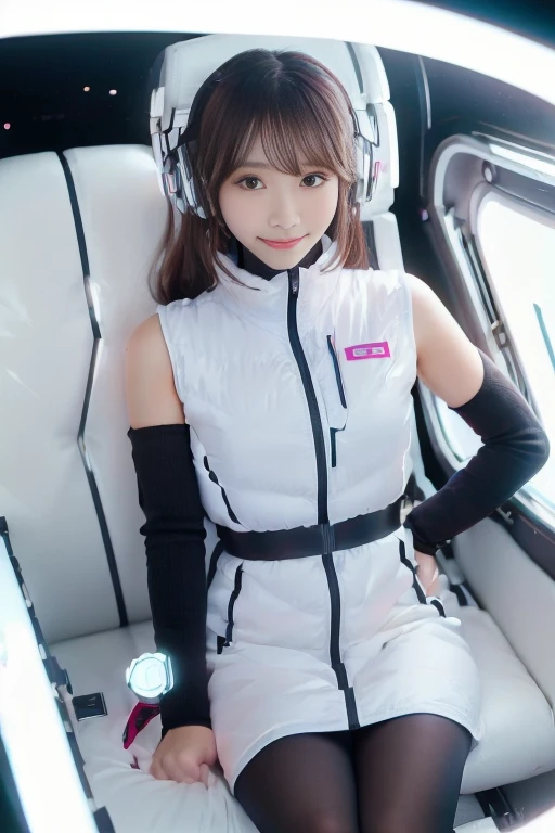 ((NSFW: 1.4)), ((Detailed face, Professional photography)), ((NSFW, zettai ryouiki, 1 girl)), Ultra-high resolution, (Realistic: 1.4), RAW Photos, highest quality, (PhotoRealistic Stick), concentrated, Soft Light, ((30 years old)), ((Japanese)), (( (Young Face))), (surface), (Depth of written boundary), masterpiece, (Realistic),(inside ISS):3, woman, ,astrovest:2,headphone:2,smartwatch,,bangs, ((1 girl)),(black sleeves):2,(black tights):2,inside spacestation,inside spacecraft,,zero gravity,smile,open leg,blush:1.5,hidden hands,neotech