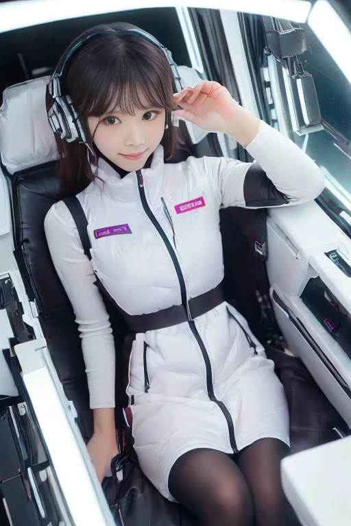 ((NSFW: 1.4)), ((Detailed face, Professional photography)), ((NSFW, zettai ryouiki, 1 girl)), Ultra-high resolution, (Realistic: 1.4), RAW Photos, highest quality, (PhotoRealistic Stick), concentrated, Soft Light, ((30 years old)), ((Japanese)), (( (Young Face))), (surface), (Depth of written boundary), masterpiece, (Realistic),(inside ISS):3, woman, ,astrovest:2,headphone:2,smartwatch,,bangs, ((1 girl)),(black sleeves):2,(black tights):2,inside spacestation,inside spacecraft,,zero gravity,smile,open leg,blush:1.5,hidden hands,neotech