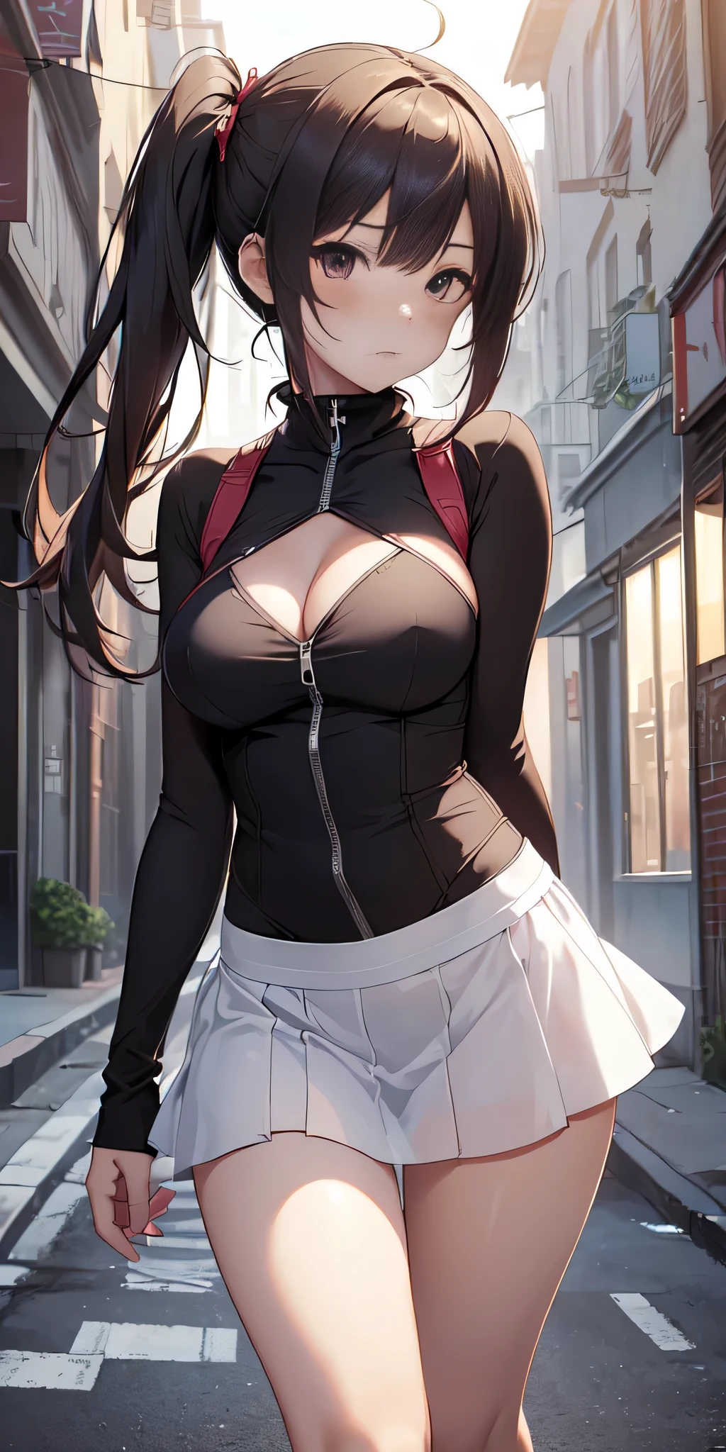 All intricate details: "(masterpiece, best quality, Nobara Kugisaki- anime: Jujutsu Kaisen, 1girl, perfect body, solo, blush, symmetrical face, twintails, long hair, hair between eyes, ((very short street wear very short clothes)), city, outdoors, night, extremely detailed, ropa muy delgada y transparente como el aire, very open legs, firm breasts, medium breasts, smooth, high resolution, ultra quality, extremely thin and light clothing transparent as air, open clothing, 15% dree, cinematic lighting, ambient occlusion, extremely detailed anime, Extremely wide diamond neckline, all clothes unbuttoned and open, detailed faces, perfect composition, wide shot, atmospheric lighting, very sexy, lift skirt, random low angle, respetuoso sin censura, image suitable for adults, nsfw , uncensored)