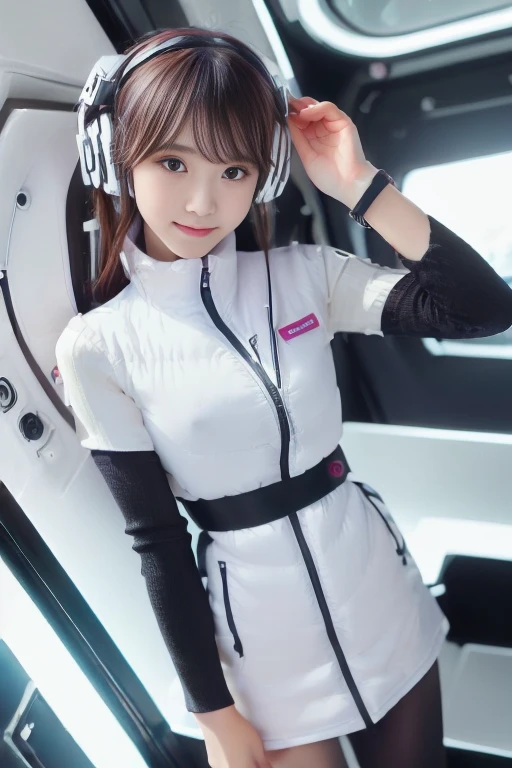 ((NSFW: 1.4)), ((Detailed face, Professional photography)), ((NSFW, zettai ryouiki, 1 girl)), Ultra-high resolution, (Realistic: 1.4), RAW Photos, highest quality, (PhotoRealistic Stick), concentrated, Soft Light, ((30 years old)), ((Japanese)), (( (Young Face))), (surface), (Depth of written boundary), masterpiece, (Realistic),(inside ISS):3, woman, ,astrovest:2,headphone:2,smartwatch,,bangs, ((1 girl)),(black sleeves):2,(black tights):2,inside spacestation,inside spacecraft,,zero gravity,smile,open leg,blush:1.5,hidden hands,neotech