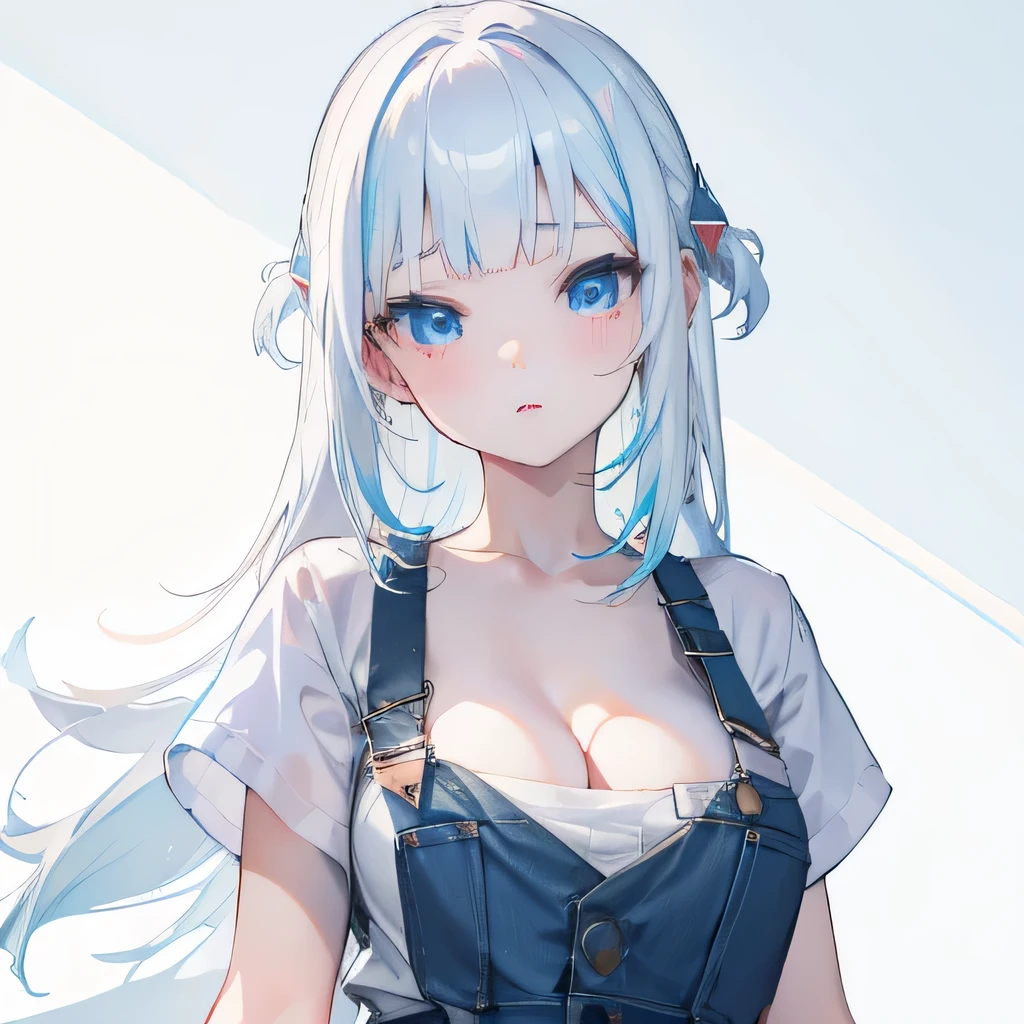 Girl, light blue and white hair, pale, lips, white soaked shirt, straight hair, bangs, light blue eyes, confident, sharp teeth, cleavage, feminine, shark accessories, overall, white background, cute