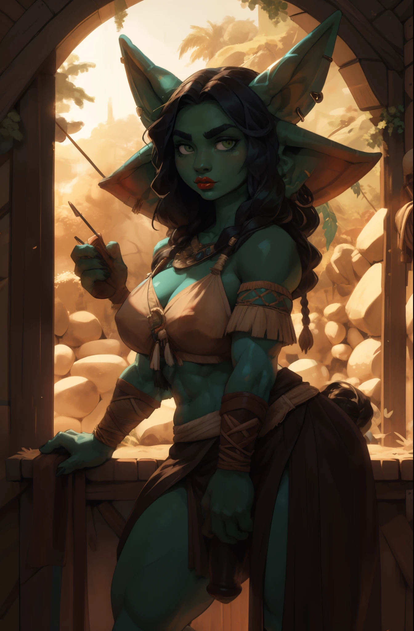 
4k , masterpiece, a sexy goblin with green skin and green eyes posing with a penis in the woods, ( big red lips) , black hair , artgerm julie bell beeple, extremely detailed artgerm, krenz cushart and artgerm, wlop and artgerm, chris moore. Penis detailed, tribal clothing, tribal outfit


