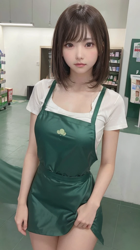 one girl, (a beauty girl, delicate girl:1.3), (, :1.3), break, (shirt, Green apron, family mart:1.3), panties, break, Extremely fine grain resolution, (Symmetrical eyes:1.3), break, (Inside a convenience store:1.3), perfectly trimmed fingers, break, Small breasts, Brown eyes, Parted bangs, brown hair, girl, break, (Eye and facial details:1.0), break, (masterpiece, highest quality, Ultra-detailed, Detailed face, 8K)