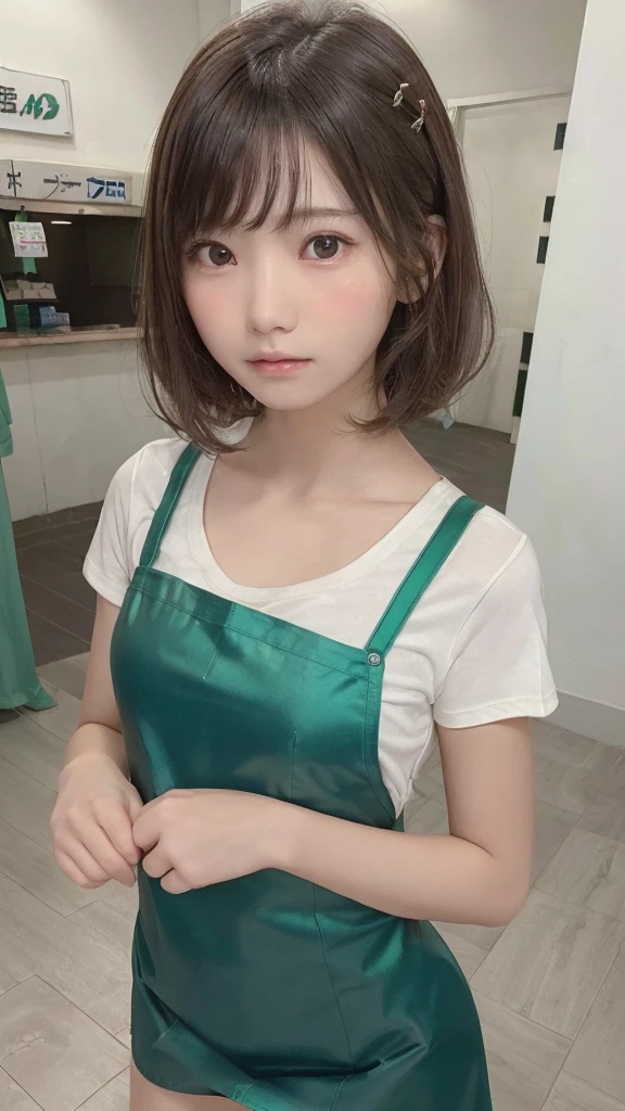 one girl, (a beauty girl, delicate girl:1.3), (15 years old, :1.3), break, (shirt, Green apron, family mart:1.3), panties, break, Extremely fine grain resolution, (Symmetrical eyes:1.3), break, (Inside a convenience store:1.3), perfectly trimmed fingers, break, Small breasts, Brown eyes, Parted bangs, brown hair, girl, break, (Eye and facial details:1.0), break, (masterpiece, highest quality, Ultra-detailed, Detailed face, 8K)