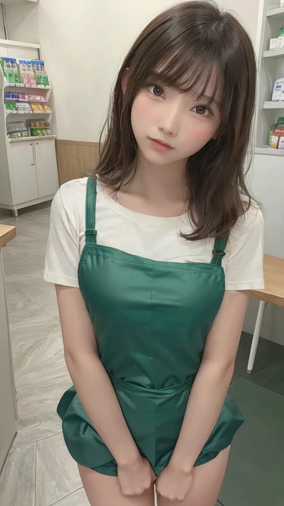 one girl, (a beauty girl, delicate girl:1.3), (15 years old, :1.3), break, (shirt, Green apron, family mart:1.3), panties, break, Extremely fine grain resolution, (Symmetrical eyes:1.3), break, (Inside a convenience store:1.3), perfectly trimmed fingers, break, Small breasts, Brown eyes, Parted bangs, brown hair, girl, break, (Eye and facial details:1.0), break, (masterpiece, highest quality, Ultra-detailed, Detailed face, 8K)