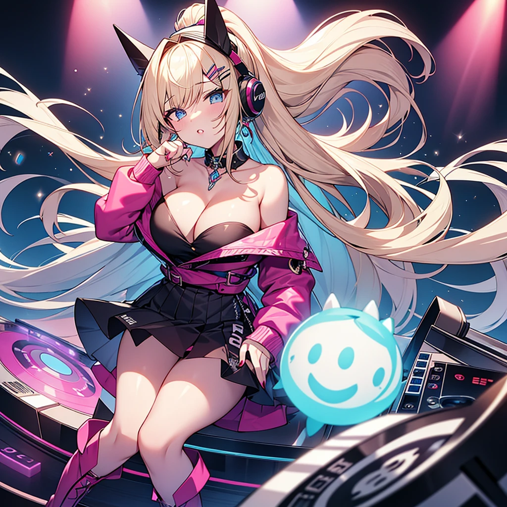 highest quality、masterpiece、4K、Blonde、Long ponytail、Slanted Eyes、blue eyes、Thick eyeliner、Pale skin、Gal、pink off shoulder clothes、Cleavage、Have many ear piercings、bracelet、Lots of accessories、Headphones、Pink Lips、big breasts、Short skirt、Knee-high boots、A girl playing DJ、Lots of neon、red nails、Nightclub、positive